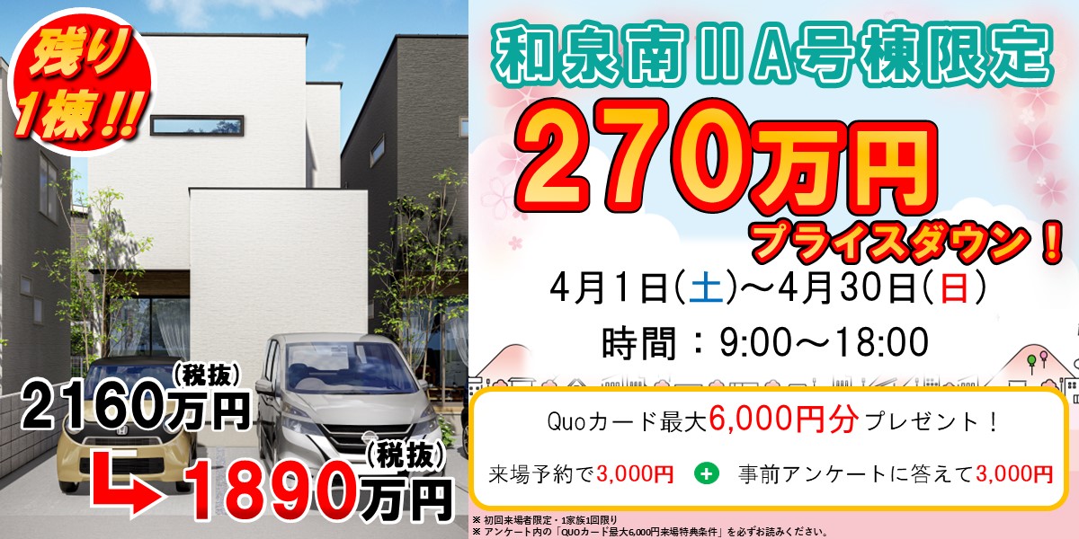和泉南ⅡA号棟限定【270万円プライスダウン！】